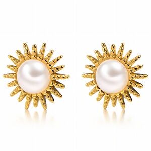 18k Gold Plated Stainless steel  Pearl Sunburst Stud Earrings - Women Jewelry